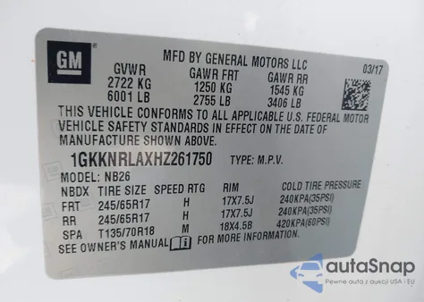 2017 GMC Acadia Sle-1 z USA, uszkodzony, nr VIN 1GKKNRLAXHZ261750